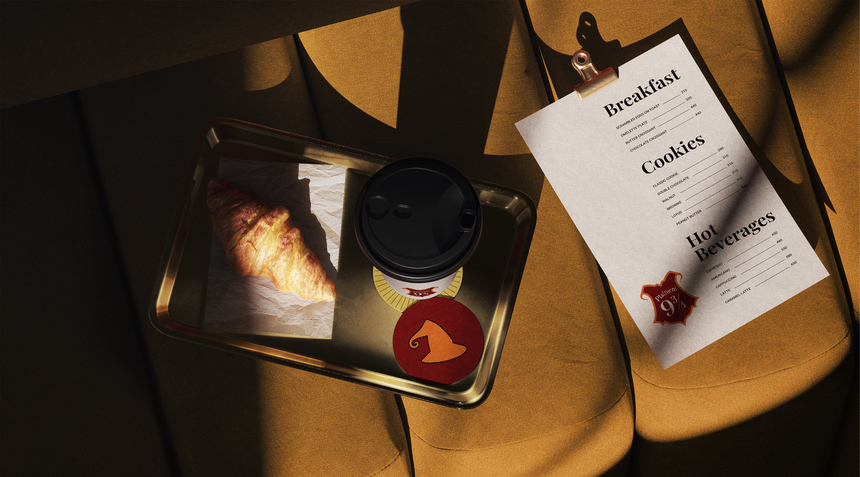 Platform 9¾ breakfast menu and coffee on a tray